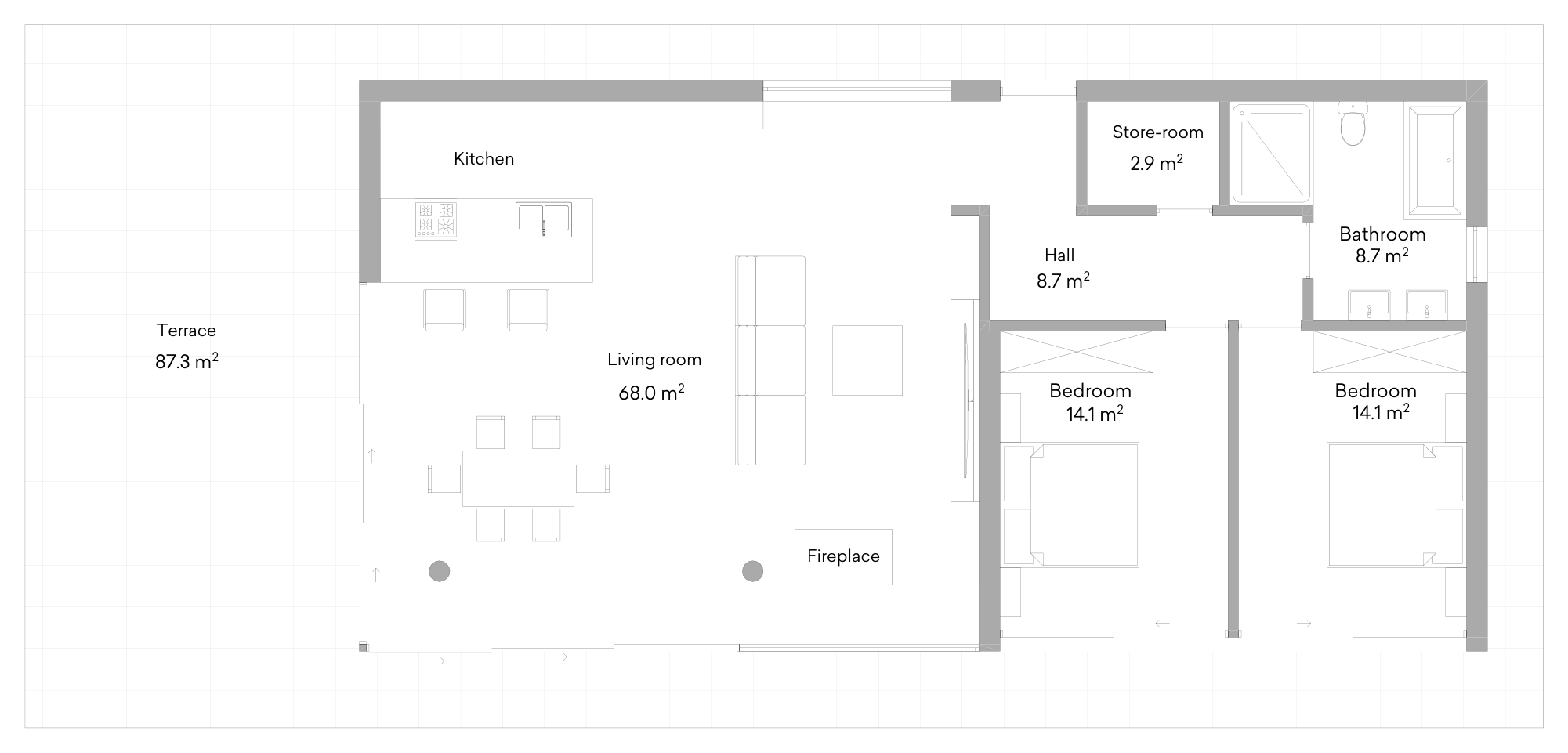 Floor plan of the 1 Floor Villa, 2 Bedrooms