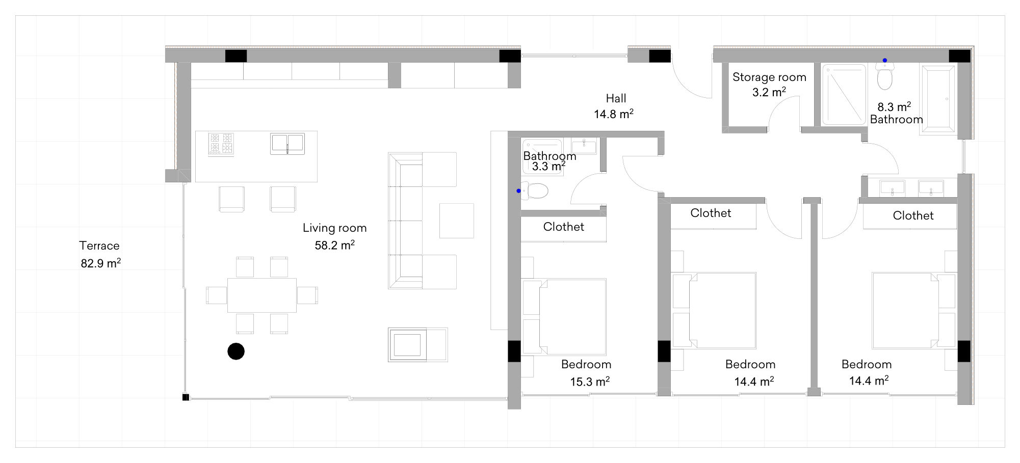 Floor plan of the 1 Floor Villa, 3 Bedrooms