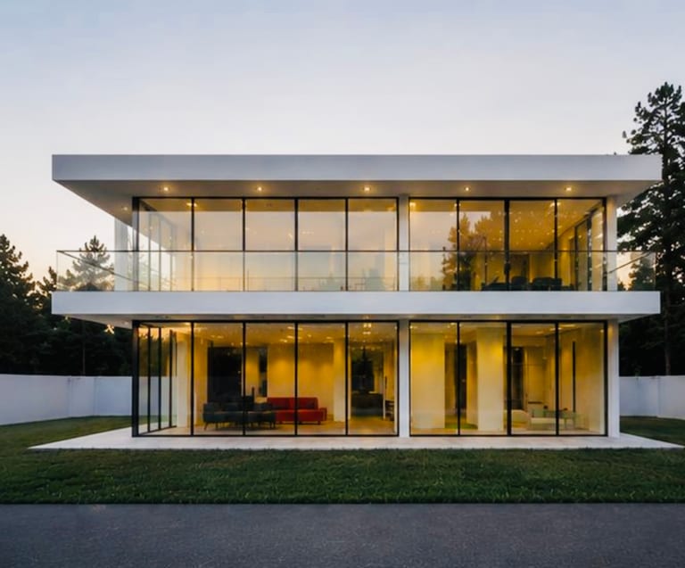 The two-storey, five-bedroom villa with floor-to-ceiling glazing at dusk